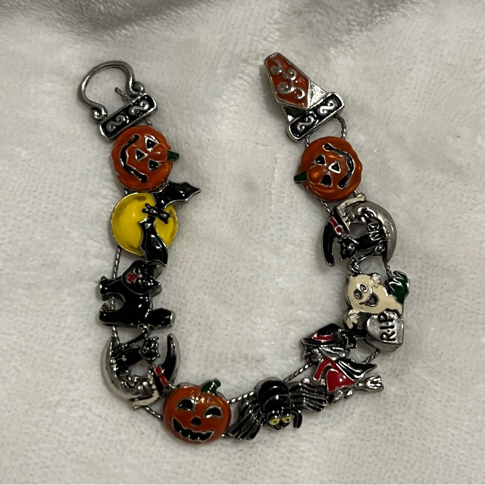 Vintage Halloween Charm Bracelet With Characters Ghost, Cat, Bat, Witch, Pumpkin
